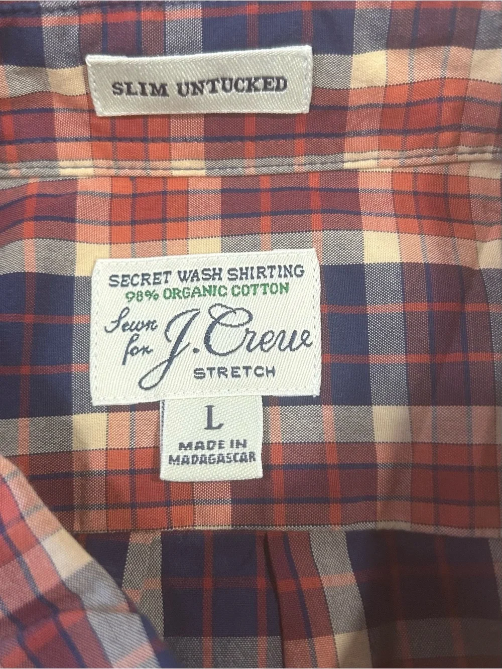 J.Crew Shirt Men slim untuck sz  LG Plaid Organic Cotton Preppy Casual red blue